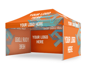 A 10'x15' Premium Package pop-up tent with "Your Logo Here" printed repeatedly in white, featuring abstract blue and orange geometric designs.