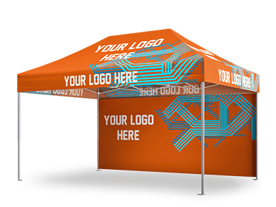 A 10x15 pop-up canopy tent with a bright orange canopy and walls, featuring the text YOUR LOGO HERE in white. The design includes abstract light blue geometric patterns. This 10x15 tent has sturdy metal poles for support.