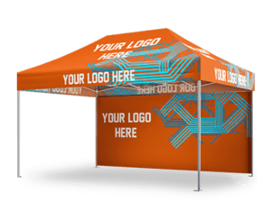 The 10'x15' Pro Package is a vibrant orange pop-up tent with custom YOUR LOGO HERE designs on all sides, accentuated by dynamic blue lines across the fabric. It includes a canopy and back wall, supported by sturdy metal poles.