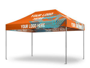 An orange 10'x15' Starter Package pop-up canopy tent, displaying the text YOUR LOGO HERE in repeated white print across its surface. The tent showcases a modern design with angular graphics in vibrant teal and is supported by four silver poles.