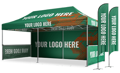 A green 10x20 pop up canopy tent showcasing YOUR LOGO HERE on its canopy, side panels, and two feather flags. The setup features a geometric orange design and an open-side layout with ample space for branding.