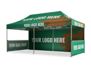 10'x20' Expo Package featuring a green outdoor tent with a pitched roof and open sides. It includes areas for customizable text labeled "YOUR LOGO HERE" and boasts a decorative orange geometric pattern on one side, set against a transparent background.