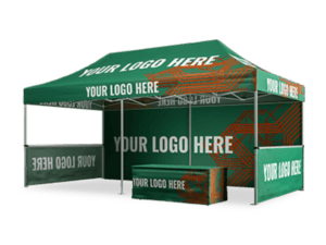 The 10'x20' Expo Plus Package includes a green promotional pop-up tent featuring "Your Logo Here" on its canopy and walls, adorned with abstract orange patterns. The package also comes with a matching table cover, making it ideal for events or marketing purposes.