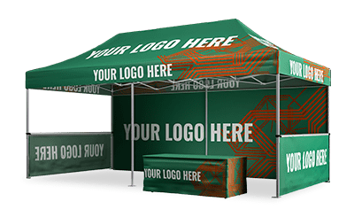 A green and orange 10x20 pop up canopy tent featuring the text YOUR LOGO HERE is printed across the canopy, side panels, and table cover. This spacious 10x20 tent is set up and ready for any event or exhibition.