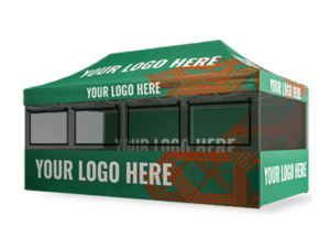 A Food Vendor Printed Wall Set for 10'x20' with the text YOUR LOGO HERE printed on all visible sides, featuring a geometric pattern in orange and white. It is designed for outdoor events or promotional purposes.