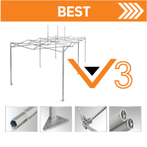 A metallic frame structure is displayed under an orange section labeled BEST with white arrows. Below are detailed images of the frames parts, including a joint, base plate, and tubing, accompanied by V3 in orange and black text.
