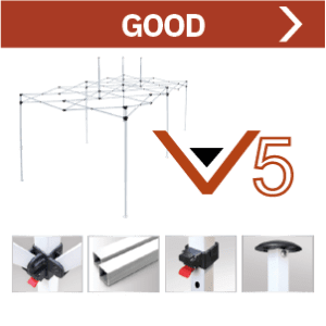 A diagram showing a metal frame structure with several legs, labeled GOOD at the top. Below are four close-up images of frame components and connectors. A V5 logo is placed prominently to the right of the structure.