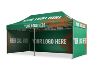 A 10'x20' Premium Package tent in green, featuring YOUR LOGO HERE printed in white on the roof and walls. The tent showcases orange geometric patterns and is set against a plain backdrop.