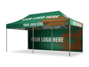 A 10'x20' Pro Package tent in green, featuring "Your Logo Here" text on the canopy and walls along with an abstract orange design on the side. The tent includes an open front and is supported by sturdy metal poles.