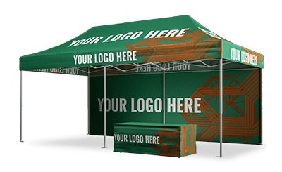 A 10x20 pop-up canopy tent with the text YOUR LOGO HERE adorns this setup, featuring geometric orange patterns. A matching table cover sits beneath the spacious shelter.