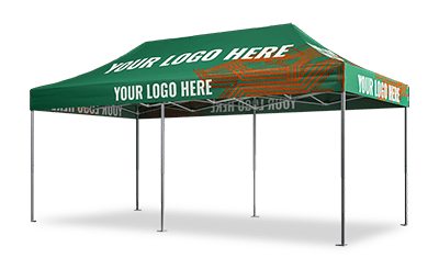 A green 10x20 pop up canopy tent features the text Your Logo Here printed on all sides. With a sturdy metal frame, this versatile tent is perfect for events or branding purposes.