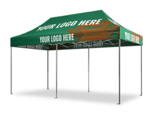 A 10'x20' Starter Package green outdoor event tent featuring a customizable canopy, where the phrase "YOUR LOGO HERE" is prominently displayed. The tent includes a sturdy metal frame and is shown set up against a simple backdrop.