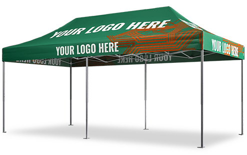 A green outdoor canopy tent with a rectangular shape, supported by metal poles, offers customizable branding options with the text YOUR LOGO HERE on its sides and roof. This custom tent is perfect for showcasing your brand at any event.