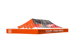 10'x20' Printed Canopy Top showcasing an orange and white design, complete with "Your Logo Here" text on the valance. The roof boasts a grayscale abstract pattern with geometric accents and red highlights.