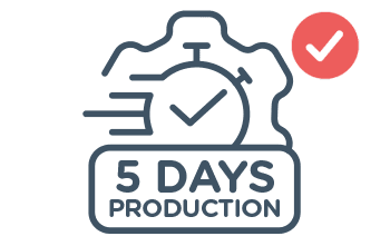 Icon showing a gear with a stopwatch and a checkmark inside, accompanied by the text 5 Days Production. Perfect for custom tents and canopies, ensuring quick turnaround. A pink checkmark is shown in the top right corner, highlighting efficiency.