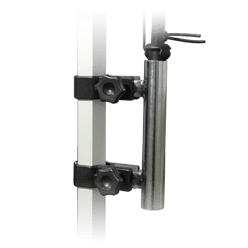 A silver metal rod holder is attached to a vertical white frame with two black brackets featuring screw knobs, reminiscent of the sturdy designs often seen in custom tents and canopies. The holder appears perfect for securing equipment or tools, set against a transparent background.