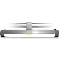 A metallic LED flashlight with a cylindrical shape, featuring a bright beam, perfectly suited for evening setups of custom tents and canopies. The flashlight boasts a dark grip on either end and a central hook or clip for convenient hanging or attachment.