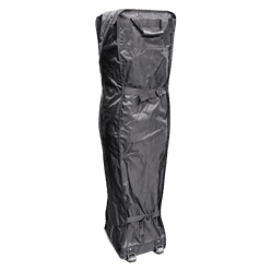 A tall, black travel bag stands upright on wheels, reminiscent of the durability expected from custom tents. It has a reinforced handle at the top and a strap around its middle for secure closure. The fabric appears durable and weather-resistant.