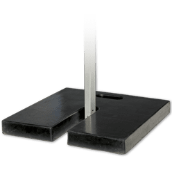 A black base with two rectangular weights and a vertical steel pole designed for stabilizing outdoor signs or custom tents and canopies. The base features a handle for easy carrying.
