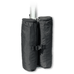 Custom Tents and Canopies black saddlebag-style weight bags are designed to anchor and stabilize outdoor structures. The bags attach to a vertical metal rod, with a buckle fastening them together, ensuring your setup remains secure in any condition.