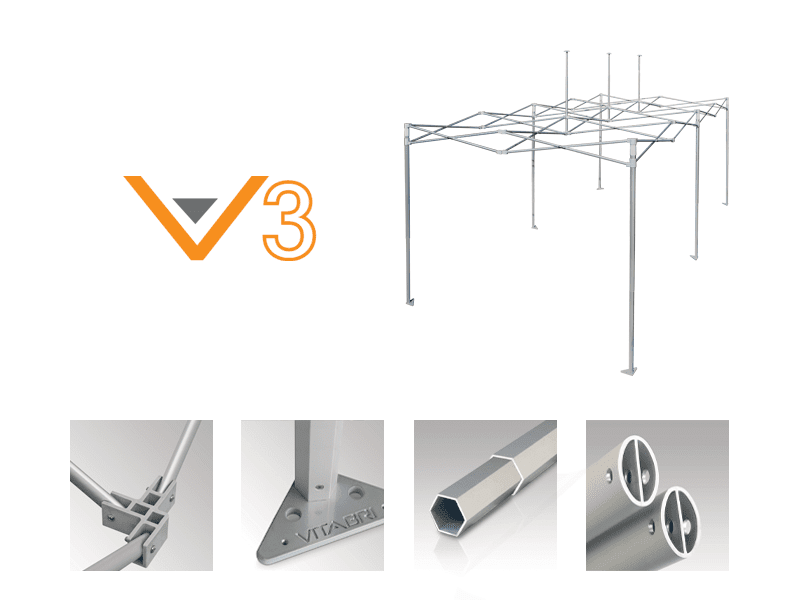 The 10'x20' Pop Up Canopy Frame Add-On is showcased with the logo V3 in orange. Below, four images provide detailed close-ups of the frame's joint, base, hexagonal tube, and connector ends.
