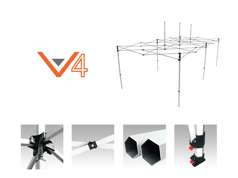 Introducing the 10'x20' Pop Up Canopy Frame Add-On, featuring a design with the V4 logo. Get an up-close look at its structural joints and hexagonal tube details, highlighting the interlocking mechanisms and innovative frame design.