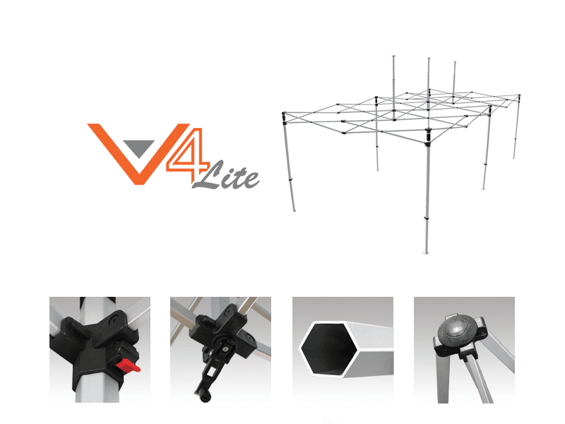 The 10'x20' Pop Up Canopy Frame Add-On features the V4Lite logo and includes four detailed close-up images of its components: a locking mechanism, hinge joint, hexagonal pole, and joint connector.