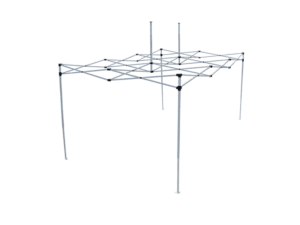 Partially expanded 10'x15' Pop Up Canopy Frame, featuring a metal framework with four legs, cross-bracing, and connecting rods creating a grid pattern on top. Designed for easy assembly and disassembly, this structure has no canopy fabric attached.