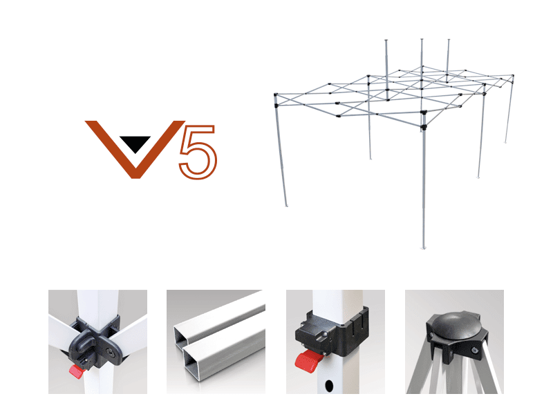 The 10'x20' Pop Up Canopy Frame Add-On features a collapsible frame with a V5 logo, showcasing close-up views of its corner connectors, square metal tubes, red locking mechanism, and black adjustment knob.