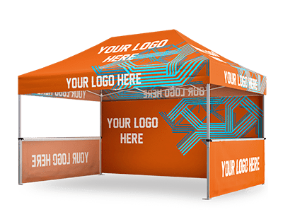 A custom pop-up canopy tent in vibrant orange, showcasing "Your Logo Here" on the roof and walls, accented by turquoise geometric patterns. Set against a transparent background, this design highlights the versatility of custom tents and canopies.