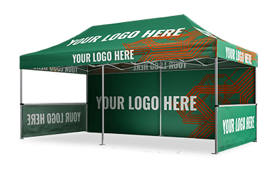 A green pop-up canopy tent with customizable signage displays YOUR LOGO HERE in white text on all sides. This custom tent also features orange geometric designs for decoration, making it perfect for brand visibility at any event.