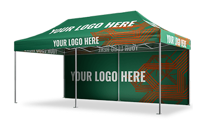 A green pop-up tent with YOUR LOGO HERE printed in white text on the canopy and walls showcases an abstract orange geometric pattern. This custom tent features a sturdy metal frame, perfect for any event.
