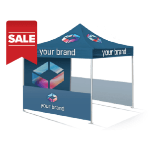 A 10x10 Custom Canopy Tent in blue featuring branding and a geometric logo on the roof and side panels, with a red SALE banner affixed to one corner.