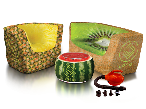 Three decorative bags with fruit designs: a pineapple-themed bag, a kiwi-patterned bag, and a watermelon-shaped bag, each featuring the Custom Air'Lounge logo and including a red pump and screws.