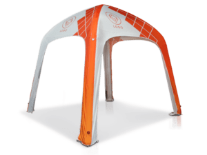 The Printed Inflatable Air Tent boasts an open design with a white and orange color scheme, four elegantly curved legs, and a logo displayed on its top panels.