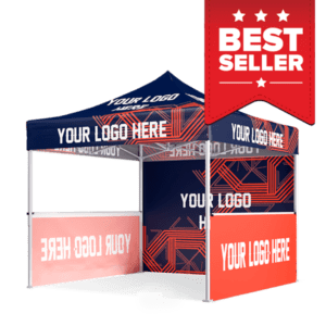 Custom Canopy Tent featuring customizable sections with YOUR LOGO HERE in red and navy blue geometric patterns. A red Best Seller badge is prominently displayed at the top right corner.