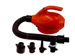 The Free Electric Pump is a red device equipped with a black flexible hose. It comes with several black nozzle attachments designed to meet various inflation needs, and features a top handle for easy portability.