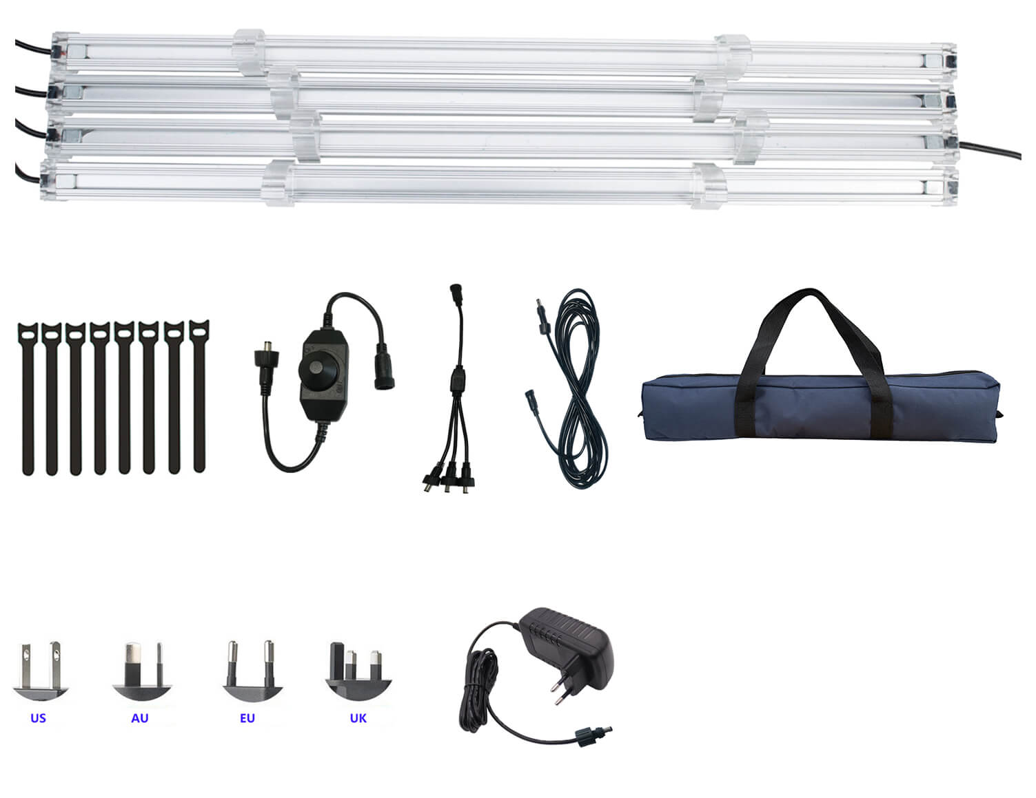 LED Light Kit for Pop-Up Canopy featuring foldable bars, power cables, an adapter, international plug options (US, AU, EU, UK), cable ties, a control switch, and a blue carrying bag.