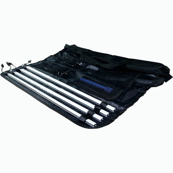 LED light kit for pop-up canopy, stored in a black carrying case with mesh pockets, including folded tent poles and accessories.
