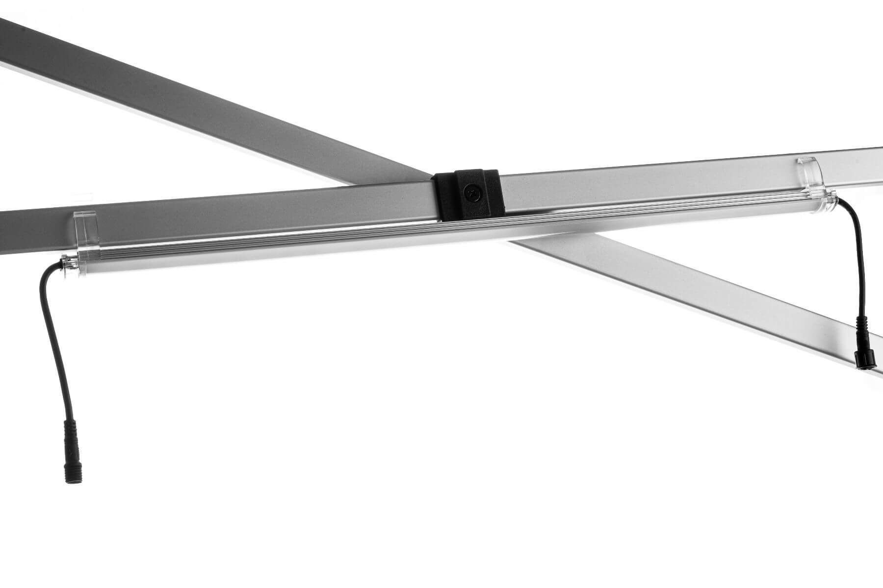 Close-up of a LED Light Kit for Pop-Up Canopy showcasing a T-shaped metal frame with a long, cylindrical LED light tube at its junction. The light features black cables extending from both ends, and the frame boasts a sleek, modern design.