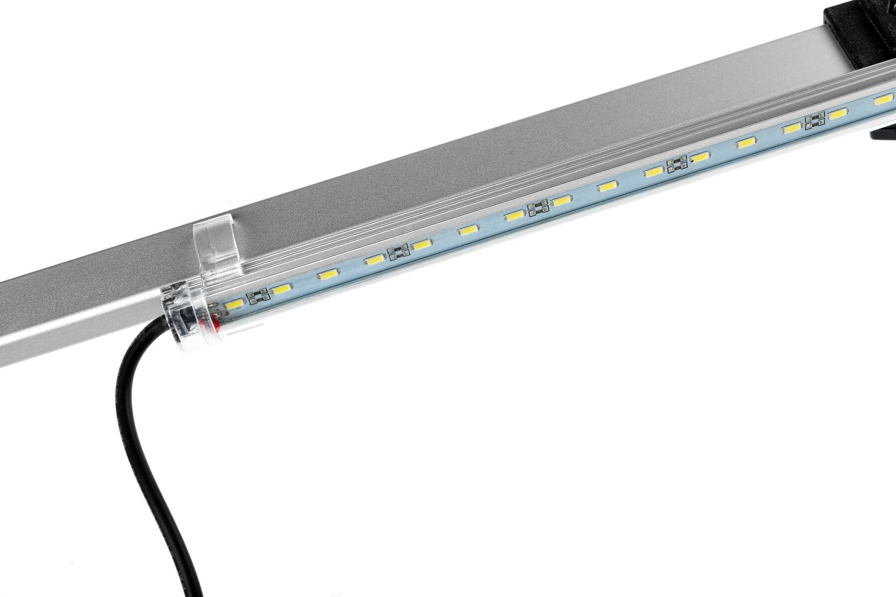 Close-up of the LED Light Kit for Pop-Up Canopy, featuring a sleek LED light strip encased in a transparent tube. The strip is connected by a black wire on a metallic fixture, highlighting individual LED bulbs against a silver background.
