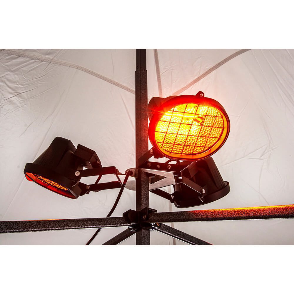 A Heating Kit for Pop-Up Canopy in black housing, mounted on a stand against a white background. Two elements emit an orange-red glow, while the third is unlit.