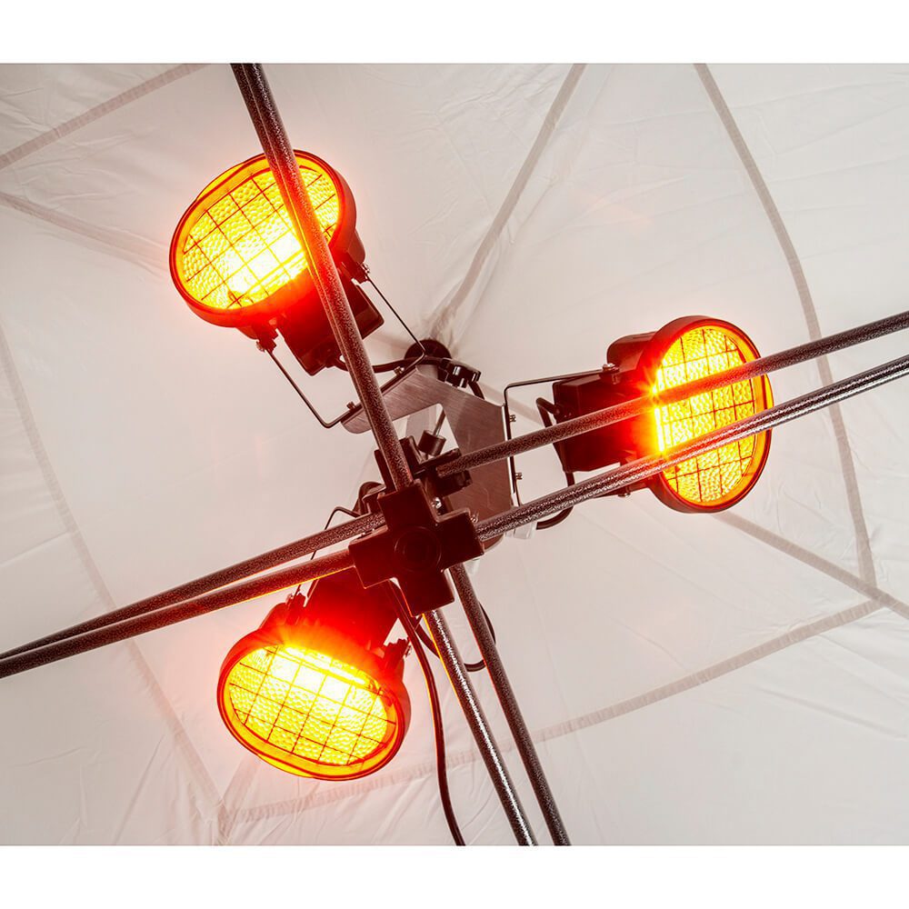 Three orange heat lamps from the Heating Kit for Pop-Up Canopy are arranged in a triangular configuration on a metal stand, directed downwards. They are housed within a white tent-like setup, offering warmth and lighting.