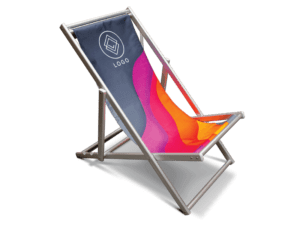 A Custom Printed Sling Chair with a wooden frame and a lively seat cover showcasing abstract orange, pink, and red wave patterns. The backrest includes a dark blue area adorned with a white logo design.