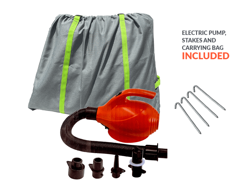 Image of the Airwave Inflatable Canopy - Fully Printed, featuring an orange electric pump with attachments, four metal stakes, and a gray carrying bag with green straps. Text reads: Electric pump, stakes, and carrying bag included.