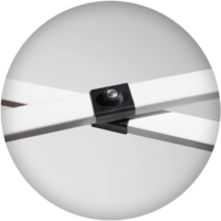 Close-up of a metal frame with a black plastic connector piece in the center, holding two white beams together at a right angle against a neutral background.